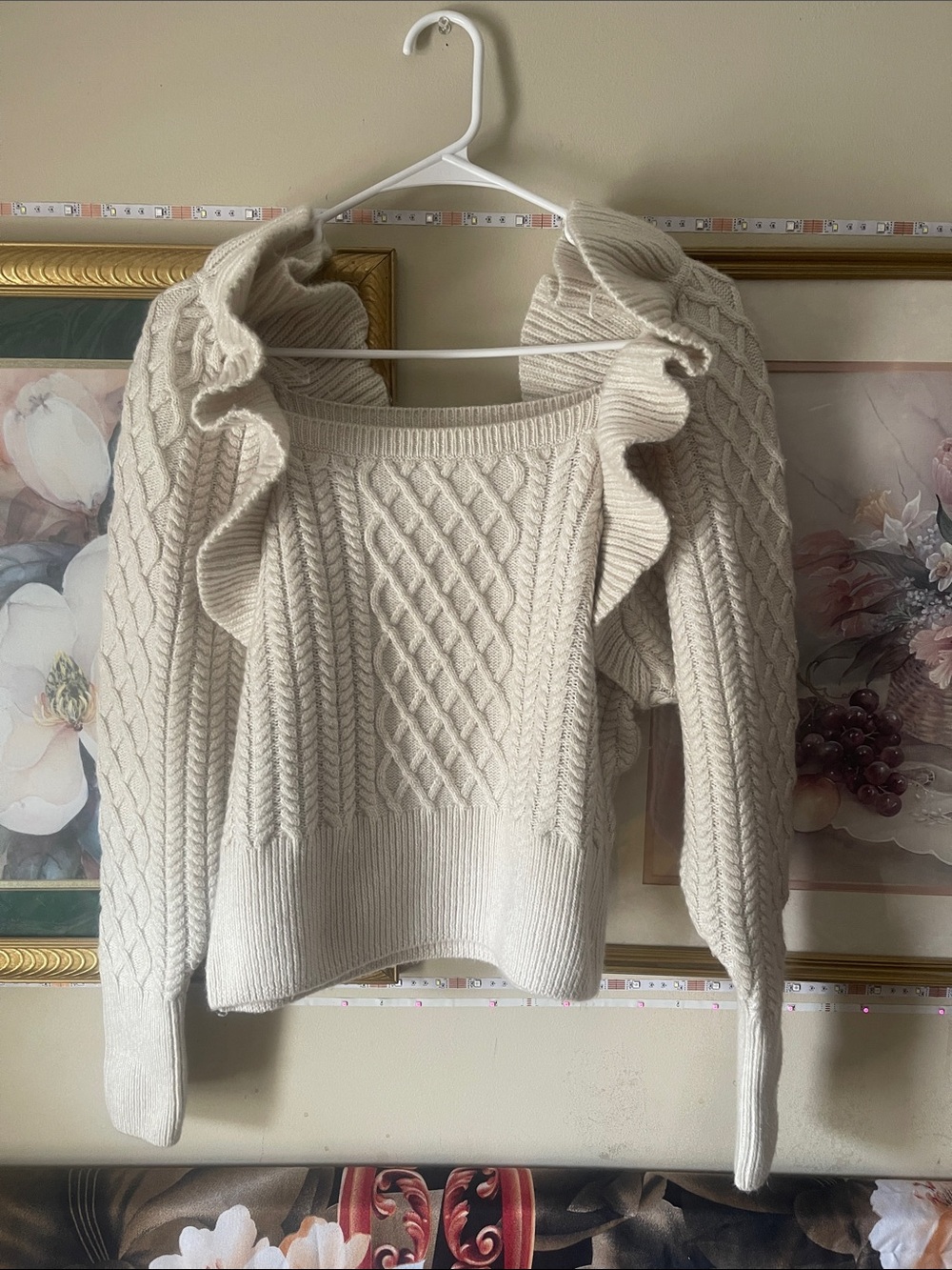 H&M Off-Shoulder Cable Knit Sweater in Cream with Ruffle Trim